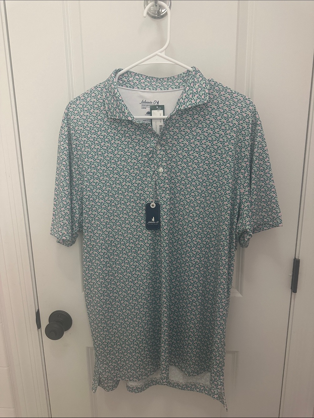 johnnie-O Short Sleeve Polo in Green and White Micro Print